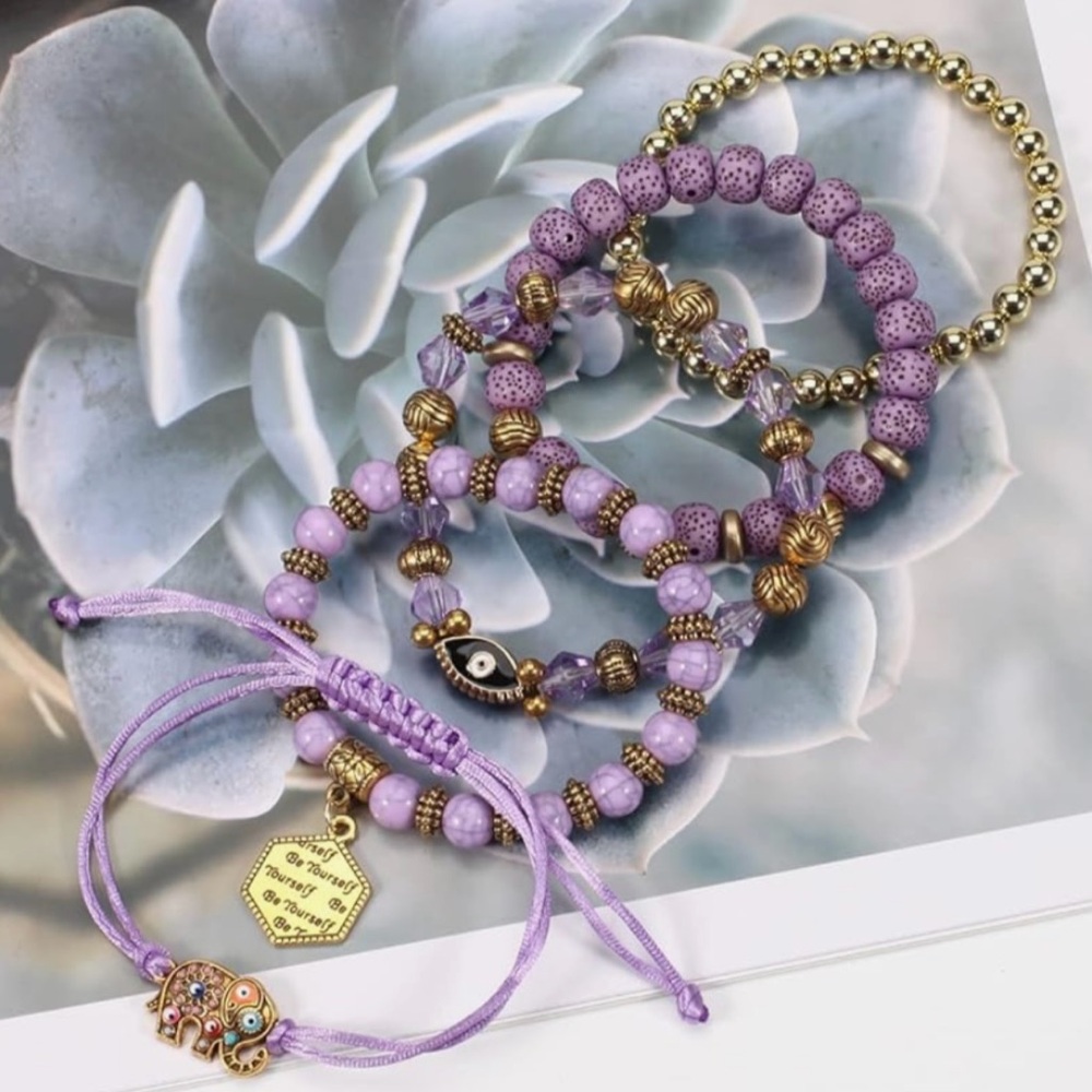 Purple and Gold Beaded Bracelet Set